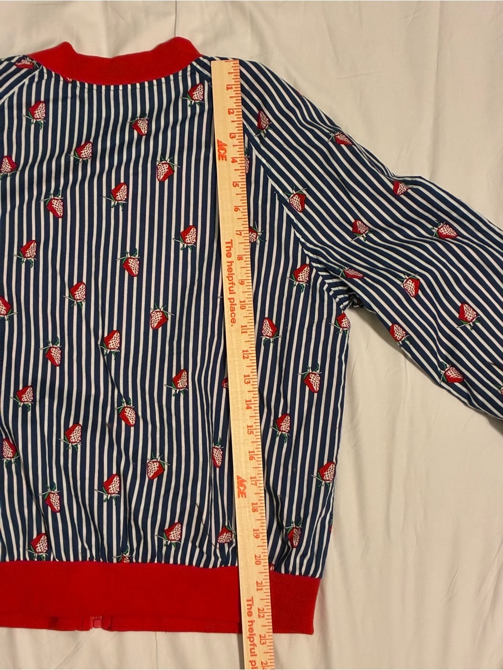 ModCloth Navy & Red Striped Bomber Jacket with Strawberry Print - Picture 6 of 6